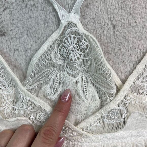 Free People White Tank Top Lace Floral Womens Size Small Linen Blend Babydoll - Picture 8 of 10